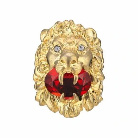 NEW Authentic Gucci Lion Head Motif Gemstone Ring In Gold & Red Sz S 6.5 - Picture 1 of 9